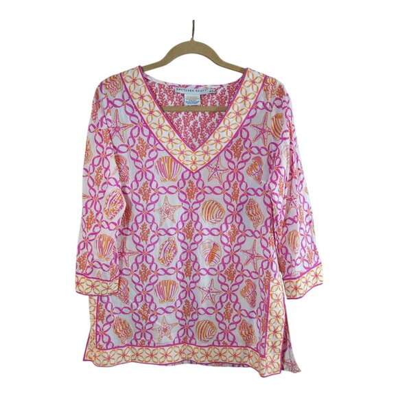 Gretchen Scott Seashell Print 3/4 Sleeve V-neck Tunic Resortwear Beach Women's L - Picture 1 of 6